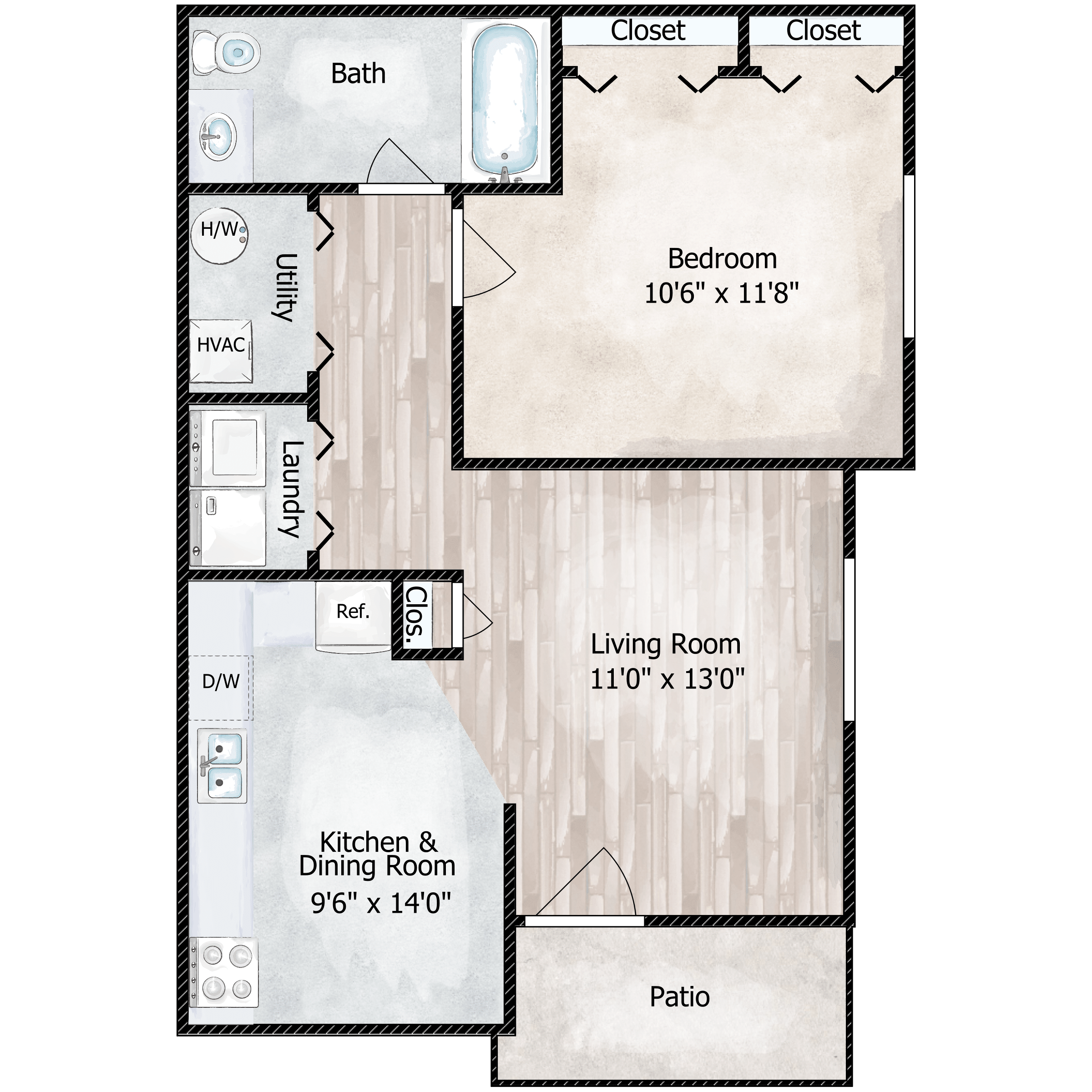 Floor plan for 1 bed, 1 bath, 679 sqft